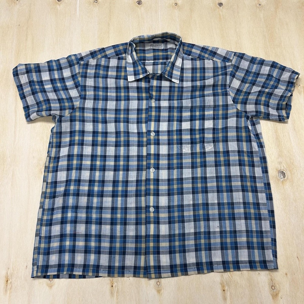 Vintage Dan River Shirt Mens Large Blue Plaid Short Sleeve Button Up Casual